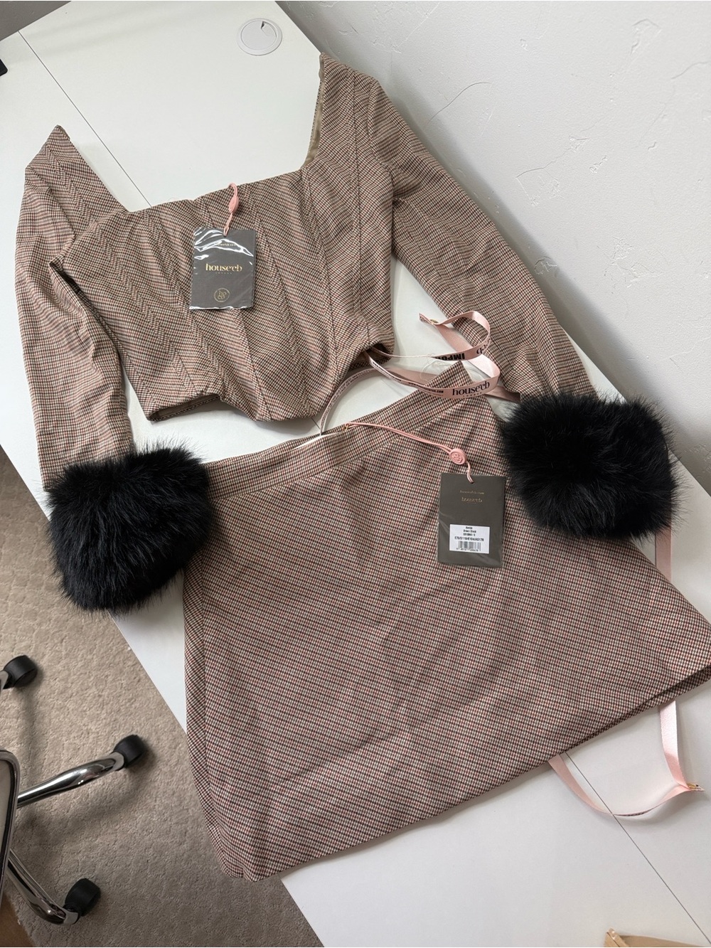 House of CB Brown Plaid Mini Skirt Set